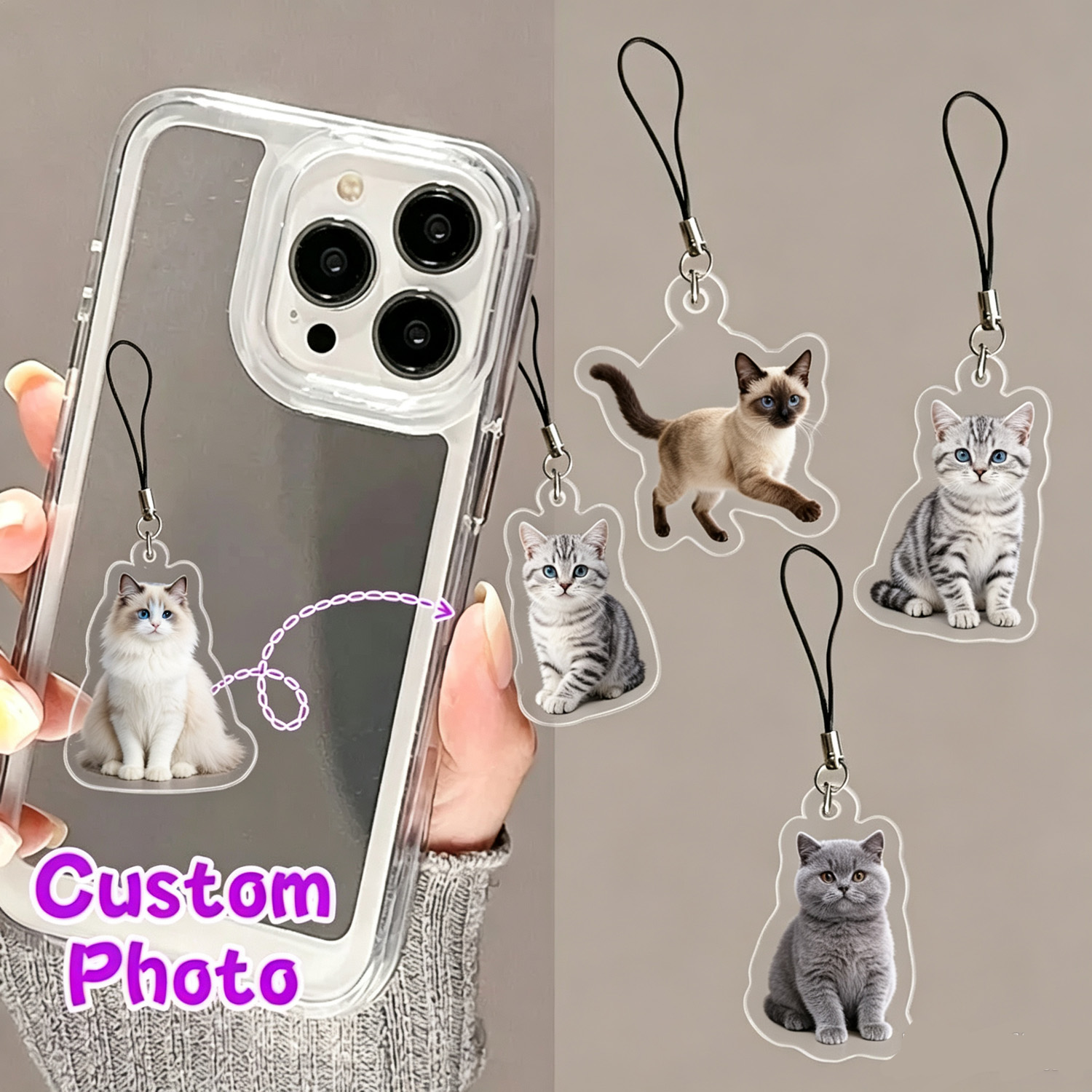 Pet Portrait Custom - จี้โทรศัพท์รูปสัตว์เลี้ยงสั่งทำพิเศษ, จี้โทรศัพท์อะคริลิกรูปแมวสั่งทำ, ที่ห้อยโทรศัพท์รูปภาพสั่งทำ, ของขวัญวันเกิดน่ารักสำหรับคนรักสัตว์เลี้ยง