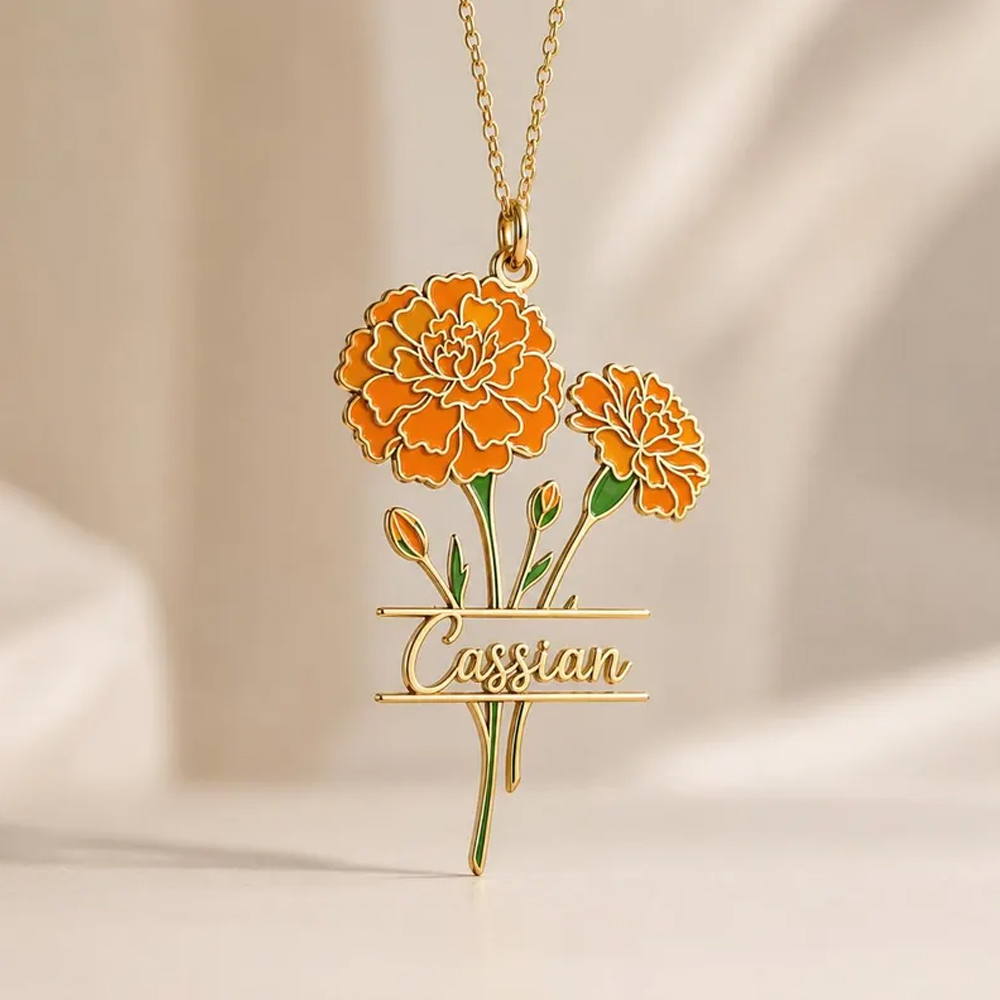 Birth Flower Necklace - สร้อยคอชื่อและดอกไม้ประจำเดือนเกิด สแตนเลสสตีล พิมพ์ลาย UV สีสันสดใส จี้ดอกไม้ประจำเดือนสำหรับผู้หญิง